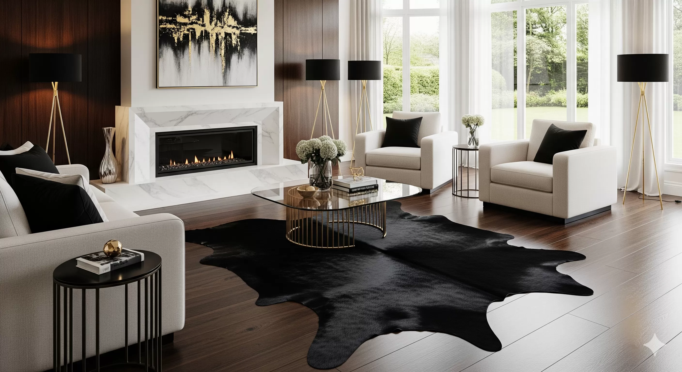 Black cowhide rug in bedroom