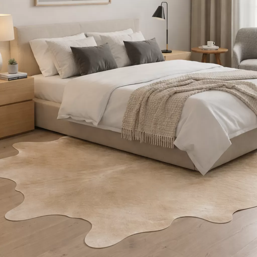 Beige cowhide rug styling